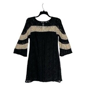 Gabby Skye Women's Striped Lace Shift Dress Size 12 Black Beige 3/4 Bell Sleeves